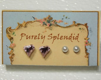 Valentine Studs- 2 pairs - Pink Hearts and Pearl Studs, Perfect fit pierced earrings for dolls with 2mm hole, wear alone or w/ear dangles