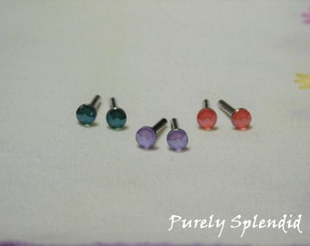 Crystal Doll Studs, Perfect fit for Girl Dolls w/2mm hole, wear alone or w/ear dangles, American made-Lilac, Lt Coral, Royal Green