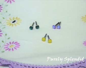 Crystal Doll Studs, Emerald, Yellow and Purple Studs, for Girl Dolls w/2mm hole, American made