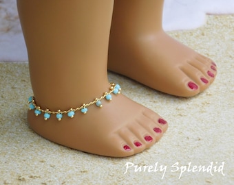 Blue Boho Ankle Bracelet for 18 inch girl doll, American made, beach anklet