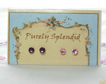 Doll Studs, Perfect fit for girl dolls with 2mm hole, Amethyst and Light Rose Sparkling Crystal doll earrings, American made