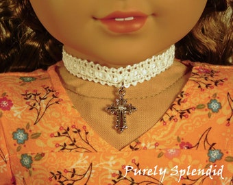 Lacy Cross Choker Necklace for 18 inch girl dolls, American Made Girl Doll Jewelry