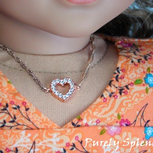 Rose Gold Sparkling Heart Necklace for 18 inch girl dolls, American Made doll jewelry