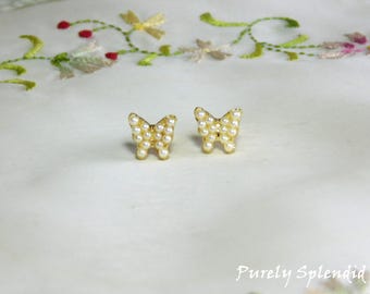 Pearl Butterfly Studs for girl dolls who wear 2mm posts, American made