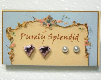 Valentine Studs- Pink Hearts and Pearl Studs, for girl dolls with 2mm hole, American made