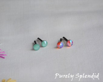 Mint Green and Tangerine Shimmer Sparkling Doll Studs, Perfect fit pierced earrings for dolls with 2mm hole