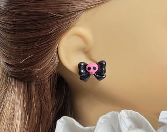 Pink Skull Stud Earrings for girl dolls who wear 2mm posts, American made
