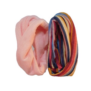 Infinity Scarves for Girl Dolls, American made, Light Pink and Multi Colored Striped scarves, purchase set or individually