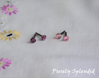 Amethyst and Light Rose Sparkling Doll Studs, Perfect fit pierced earrings for dolls with 2mm hole, Sparkling Crystal doll earrings