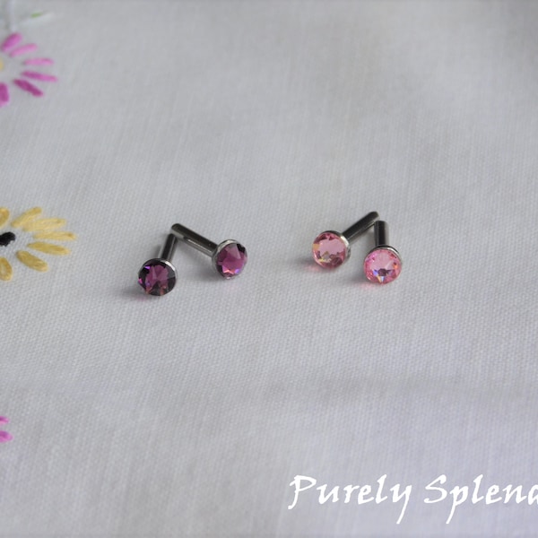 Amethyst and Light Rose Sparkling Doll Studs, Perfect fit pierced earrings for dolls with 2mm hole, Sparkling Crystal doll earrings