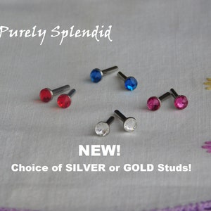 Four beautiful super sparkling colors of 2mm studs Capri Blue, Fuchsia, Light Siam and Crystal