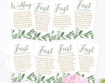 INSTANT DOWNLOAD -A Year of Firsts - Wine Gift Basket Tags - Bridal Shower Wine Gift - Elegant Garden Greenery