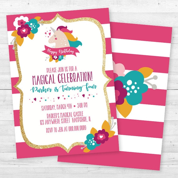 Magical Unicorn Floral Birthday Invitation Bright Pink Etsy
