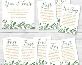 A Year of Firsts Elegant Garden Greenery - Wine Gift Basket Tags - Bridal Shower & Wedding Wine Gift