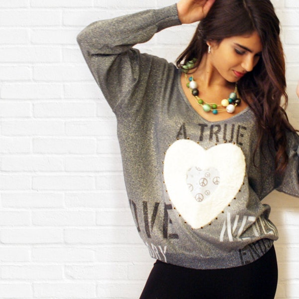 Glamorous  top, grey oversize top , valentines day