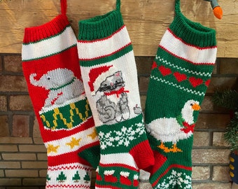 Hand Knit Christmas Stockings with Elephant , Cat and Goose