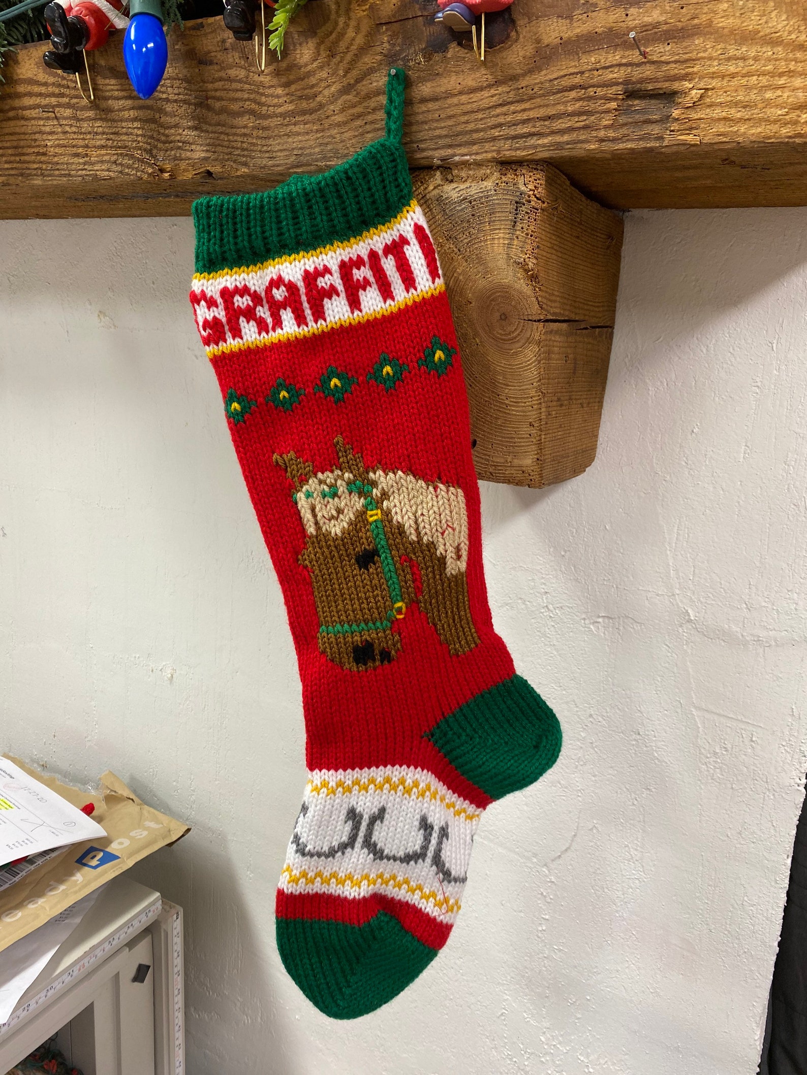 Hand Knit Christmas Stocking Angel Horse Moose and Dog - Horse, Right Facing + Bell