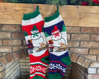 Hand Knit Snowman Sled Scene Stockings