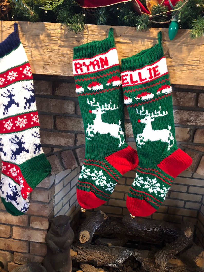 Hand Knitted Christmas Stockings 5. Green Deer