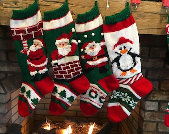 Hand Knit Santa Chimney, Santa with Snowballs, Penguin with Lights Christmas Stockings