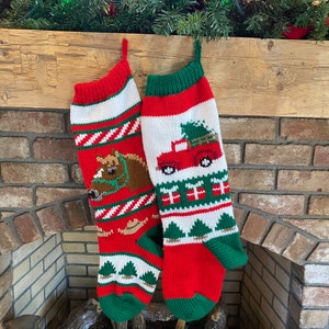 Hand Knit Christmas Stockings with Red Truck and Horse