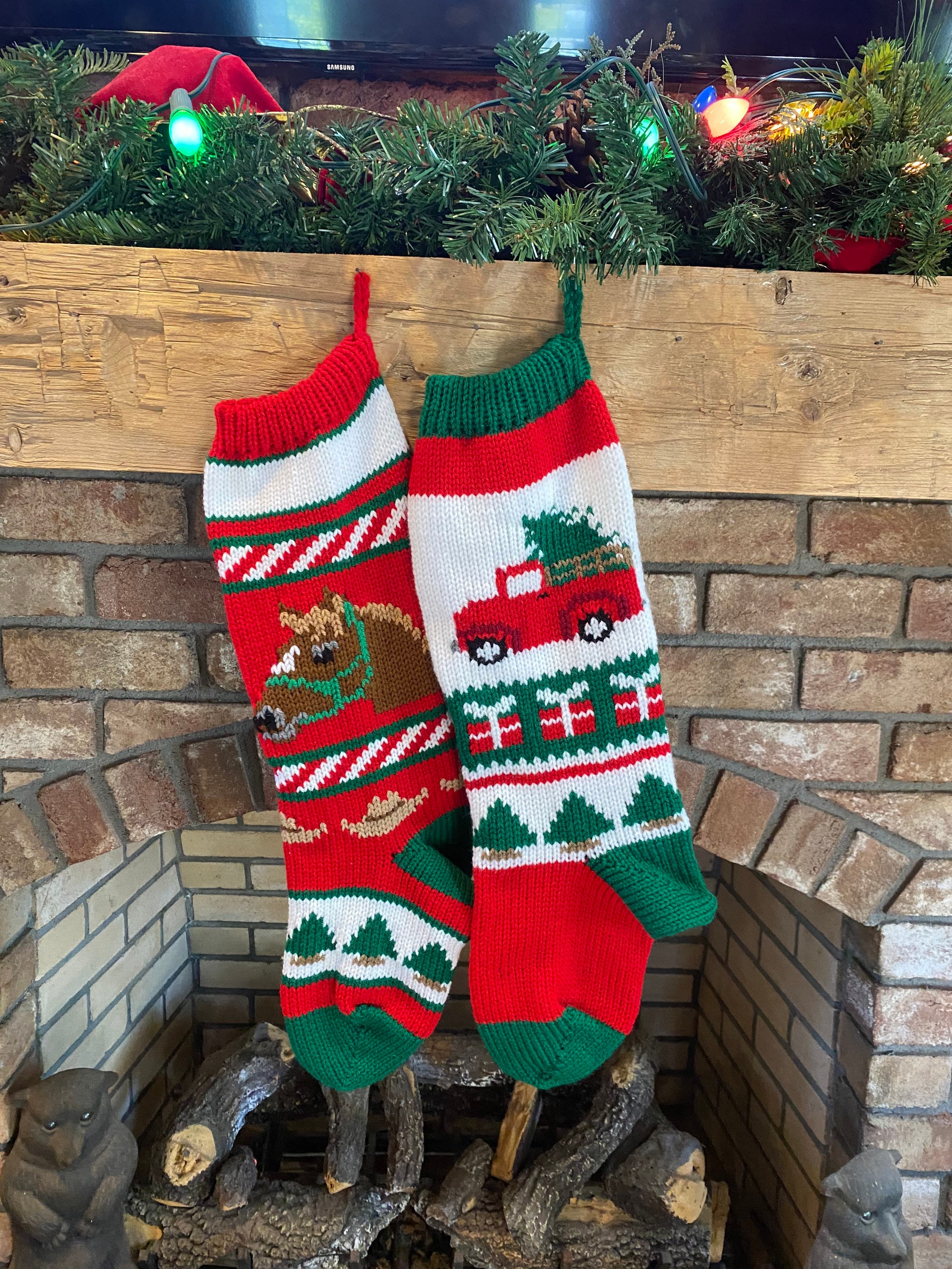 34 Adorable Christmas Stocking Ideas to Hang with Pride: Festive Flair for Your Fireplace 5 Hand Knit Christmas Stockings with Red Truck and Horse