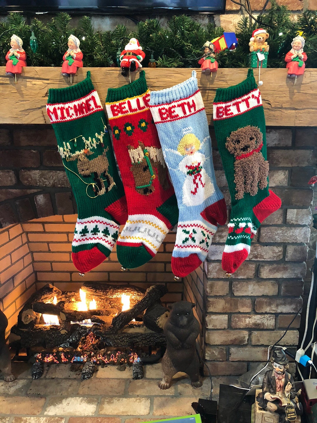 Hand Knit Christmas Stocking Angel Horse Moose and Dog - Moose, Right Facing No Bell