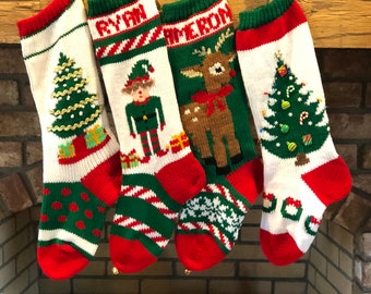 Hand Knit Christmas Trees, Elf, Rudolph Stockings