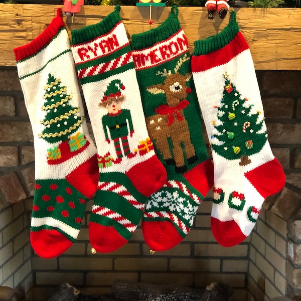 Hand Knit Christmas Trees, Elf, Rudolph Stockings