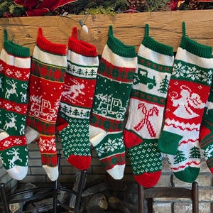 Hand Knit Tractor, Angel, Deer, Skier and Truck Christmas Stockings