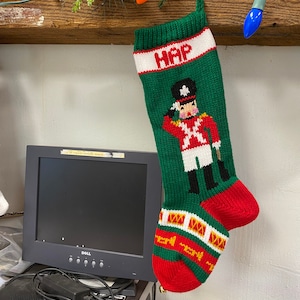 Hand Knitted Christmas Stockings 1. Green Soldier