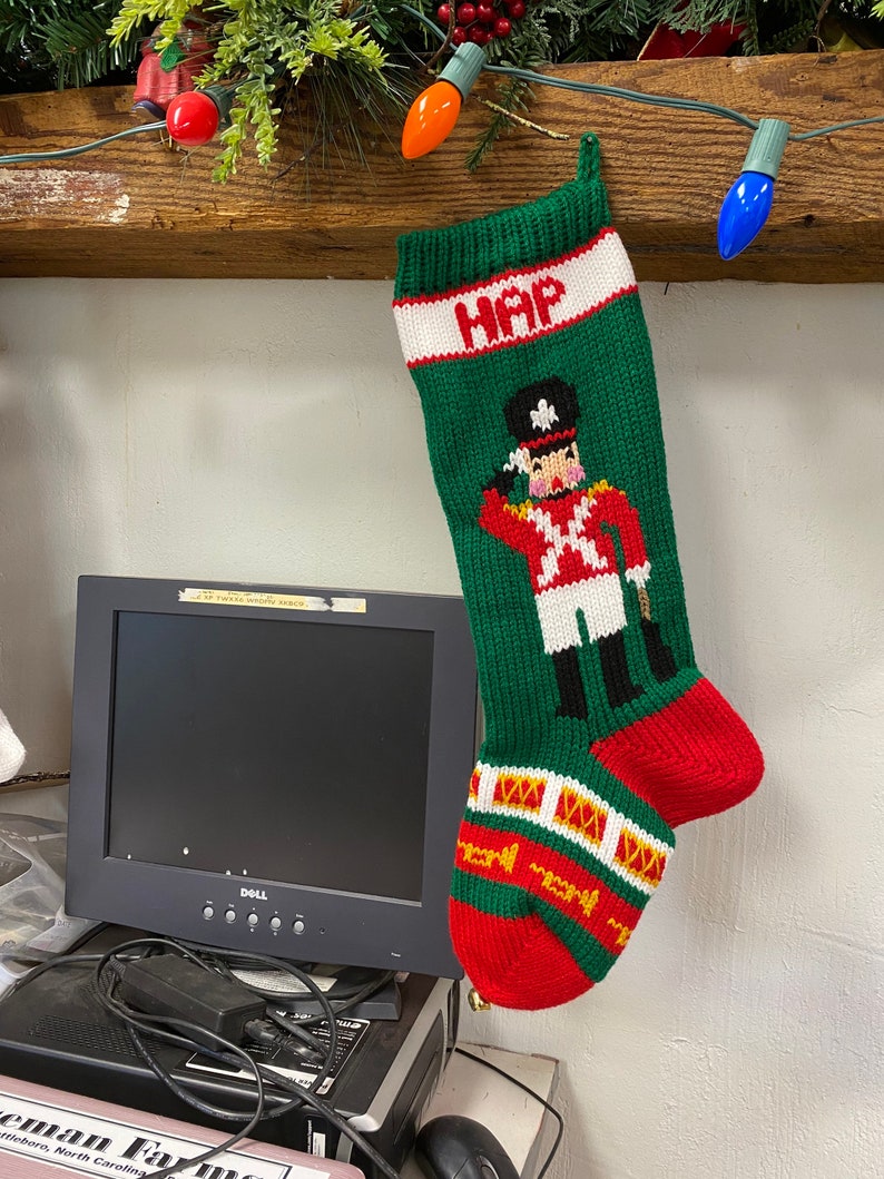 Hand Knitted Christmas Stockings 1. Green Soldier