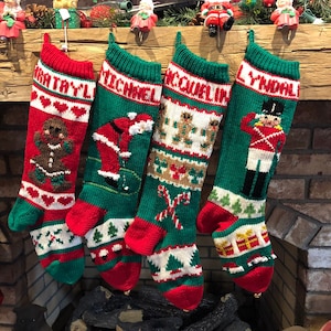 Hand Knit Gingerbread Girl with Hearts, Golfing Santa, Little Gingerbread with Candy and Toy Soldier with Trees Christmas Stockings