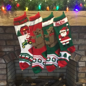 Hand Knit Tractor Teddy Bear Waving Santa Christmas Stocking
