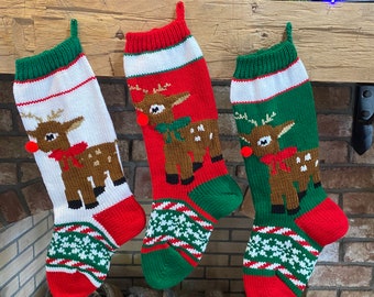 Hand Knit Rudolph Stocking