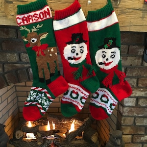 Hand Knit Rudolph, Snowman Head Christmas Stockings