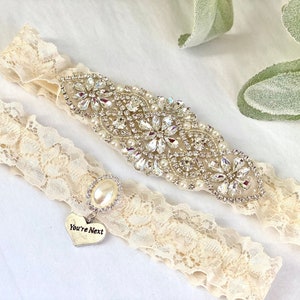 Pearl Ivory Wedding Garter, No Slip Lace Wedding Garter Set, Youre Next Garter, Bridal Garter Set - 1806-I
