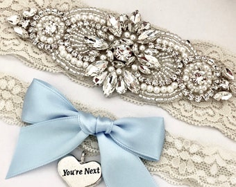 Blue Wedding Garter, Blue Bridal Garter Set, Something Blue, Light Blue Wedding Garter, Crystals and Pearls with you're next toss, TRD106