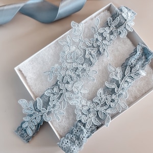 Steel Blue No Slip Garter Set // Dusty Blue Lace Garters // Something Blue Wedding Garter // Blue Garter for Bride // Wedding Accessories image 1