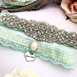 Mint Wedding Garter, Wedding Garter Set, Mint Bridal Garter, Vintage Rhinestones and Pearls, Non Slip Garter