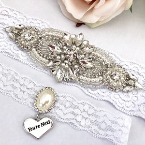 Wedding Garter, Lace Bridal Garter Set, White Wedding Garter Set, Rhinestone Wedding Garter and Toss Garter