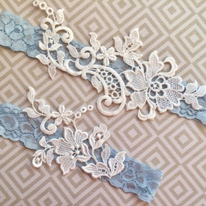 Wedding garter blue, wedding garter blue set, Blue wedding garter belt, Blue garter lace, Blue lace garter set, garters for wedding