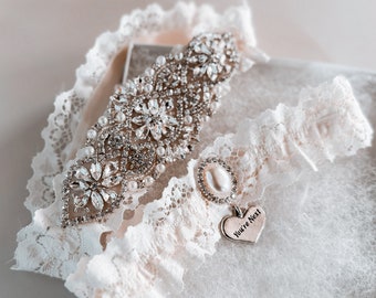 Ivory Bridal Garter Set with You're Next Charm | Lace Wedding Garter Set | Non Slip Crystal Pearl Garters for Wedding | Vintage Wedding