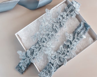 Steel Blue No Slip Garter Set // Dusty Blue Lace Garters // Something Blue Wedding Garter // Blue Garter for Bride // Wedding Accessories