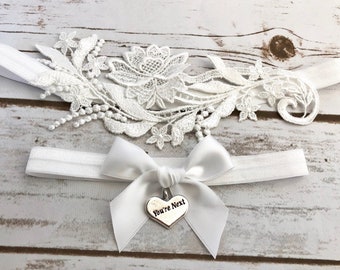 White Floral Wedding Garter Set, Lace Bridal Garter Set, No Slip Grip, Venice lace Choose Bow Color - 8902-W