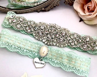 Mint Wedding Garter, Wedding Garter Set, Mint Bridal Garter, Vintage Rhinestones and Pearls, Non Slip Garter