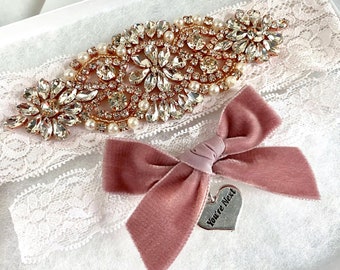 Dusty Rose Velvet Wedding Garter, Non Slip Lace Garter Set, Vintage Rhinestones and Pearls, Velvet Bridal Garter Set - 3101-DV