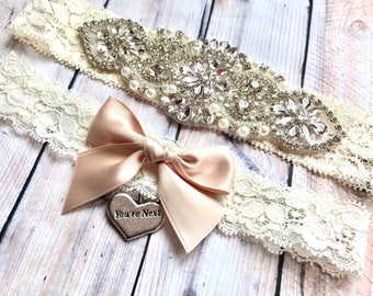 Wedding garter set, Non Slip Garters, Bridal Garter Set, Vintage rhinestones and pearls