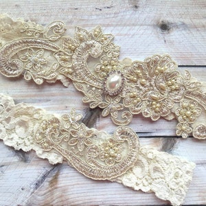 Pearl Garters, Beaded Garter, Gold Lace Wedding Garter Set, Pearl Garter Set, Beaded Wedding Garter, Pearl Bridal Garter, Gold Garter