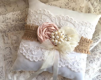 Rustic Ring Bearer Pillow with Pearls, Burlap Ring Bearer Pillow and Basket, Lace Ring Pillow, Custom Ring Pillow Wedding